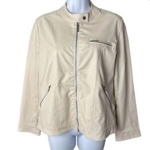 Just-One Faux Leather Moto Jacket Women SZ Medium Cream Full Zip Biker‎ RN124027